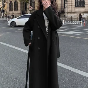 Women Jacket Lace up Simple 2024 Spring Korean Faux Woolen Full Sleeve Double Breasted Midi Coat Female Causal Loose Outwears