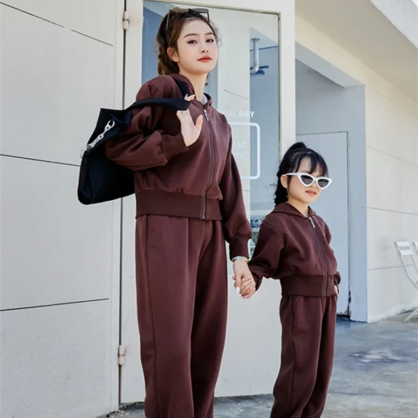 Mom Baby Girls Matching Clothing Sets Mother and Daughter Equal Outfits Fashion Women Hooded Jacket Zip+pants Two Piece Clothes