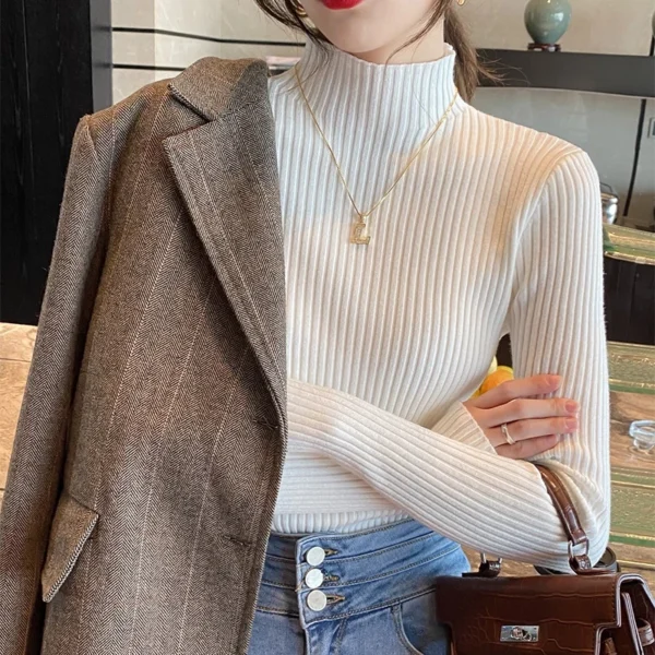 Elegant Solid Basic Knitted Tops Women Turtlneck Sweater Long Sleeve Casual Slim Pullover Korean Fashion Simple Chic Clothes