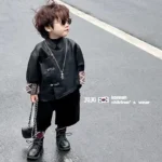 Spring Autumn Fashion Children Casual Windbreaker Leather Jacket Kids Boys Black Motorcycle+Pants Trench Coat Outerwear Clothes