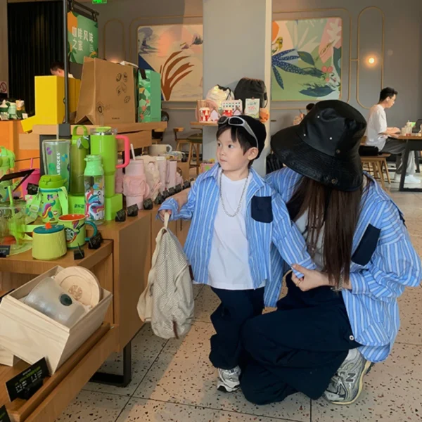 Family Matching Clothes 2023 Spring Autumn Fashion Mom and Son Same Blue Shirts Korean Style Dad Daughter Same Long Sleeve Tops