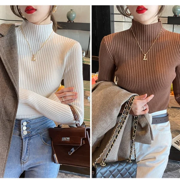 Elegant Solid Basic Knitted Tops Women Turtlneck Sweater Long Sleeve Casual Slim Pullover Korean Fashion Simple Chic Clothes