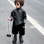 Spring Autumn Fashion Children Casual Windbreaker Leather Jacket Kids Boys Black Motorcycle+Pants Trench Coat Outerwear Clothes