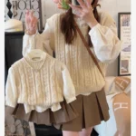 Mother and Daughter Outfit 2023 Autumn Mom and Baby Girls Matching Knit Vest Sweater+cotton Blouse+skirts Sets Women Clothing